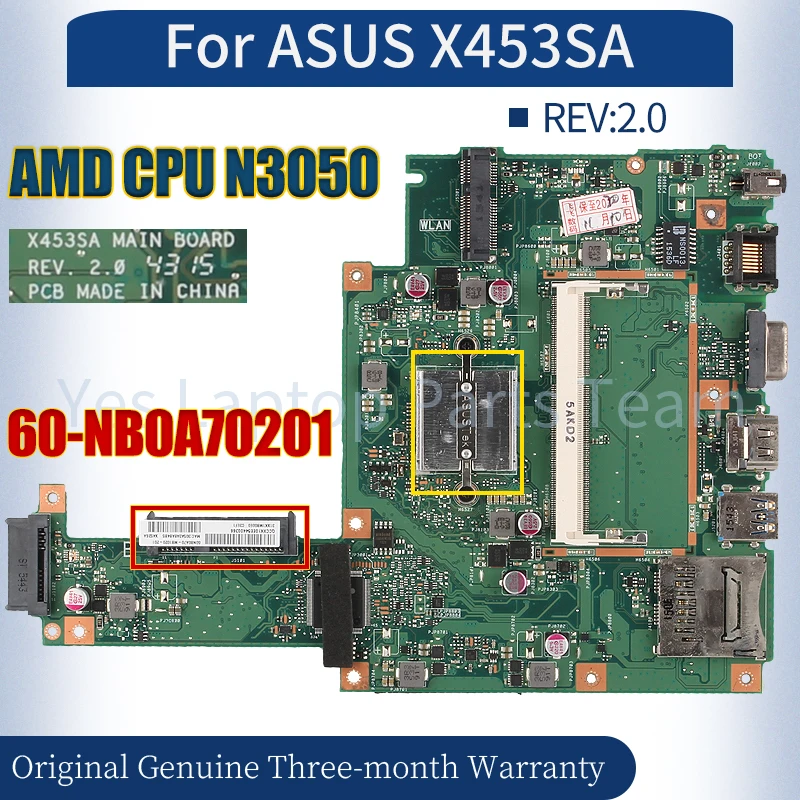 REV:2.0 For ASUS X453SA Laptop Mainboard 60-NB0A70201 SR29H N3050 100％ fully Tested Notebook Motherboard