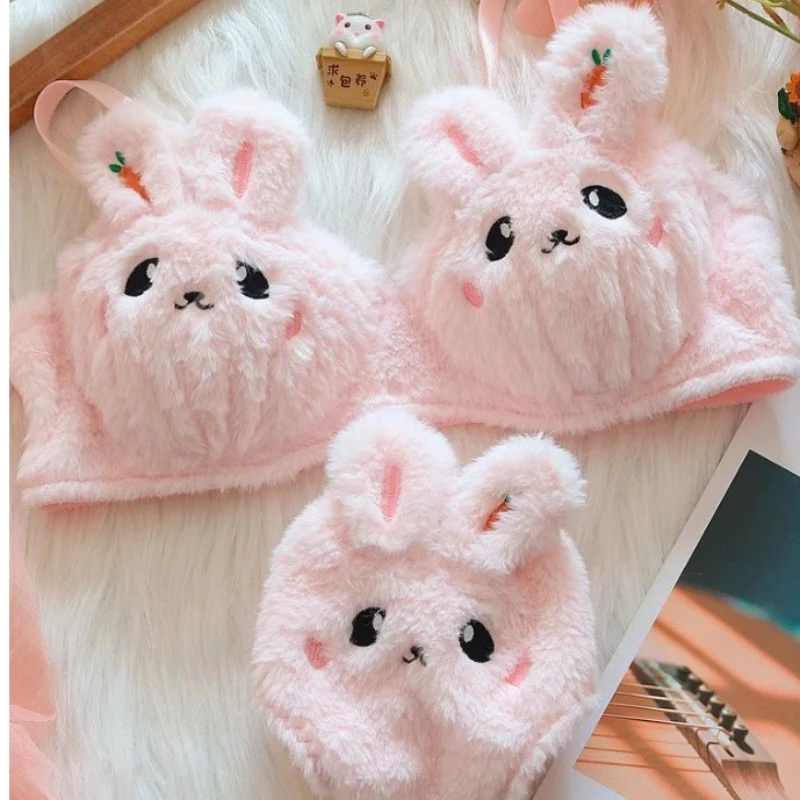 Roztomilé plyšové dámské spodní prádlo sada japonské roztomilé bez ocelových kroužků push-up podprsenka sada pohodlné a teplé spodní prádlo kalhotky oblek pro ženy - náhled 5