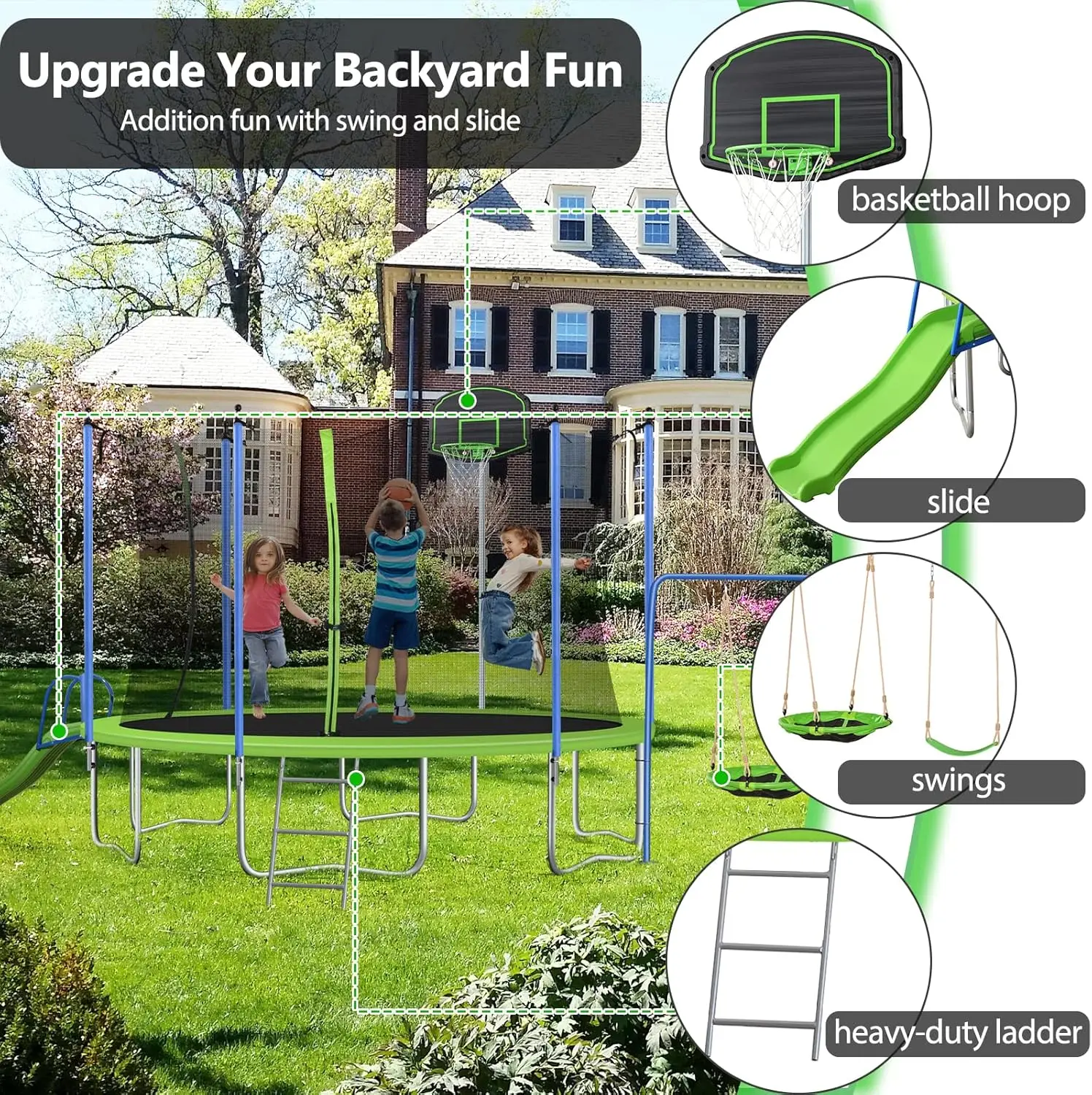 12 14FT Trampoline with Slide and Swings, ASTM Approved Large Recreational Trampoline with Basketball Hoop and Ladder