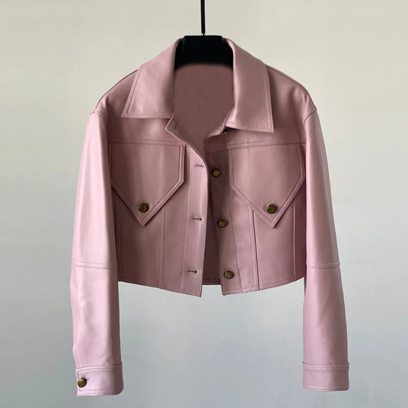 100% 진짜 가죽 재킷 여성 짧은 양피 오토바이 코트 2025 싱글 브레스트 여성 streetwear 슬림 피트 가죽 자켓