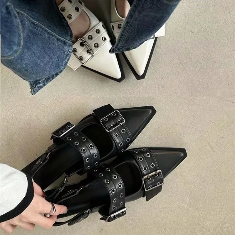 Slingback Shoes Gothic Chunky Heels Women\'s Pumps Rivet Street Style Medium Heel Punk Vintage Casual Sandals Spring Summer 2024