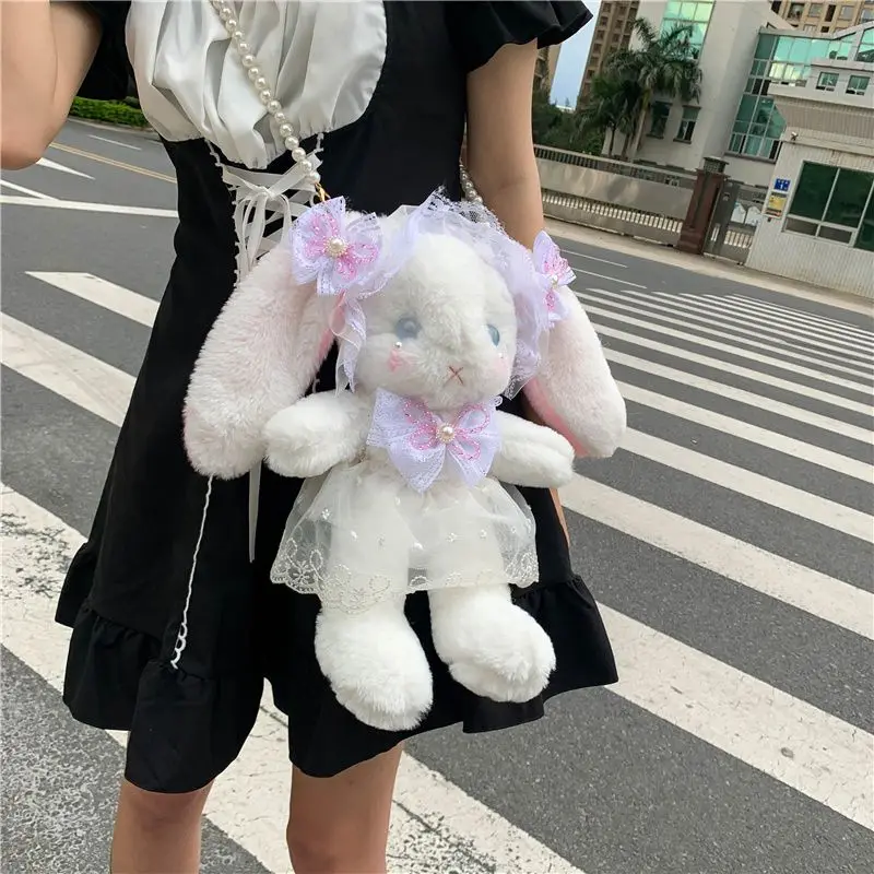 JK Bow Rabbit Doll Crossbody Bags Kawaii Lolita Plush Toy Bags Teenage Girls Patchwork Lace Cute Long Ears Bunny Bag сумки