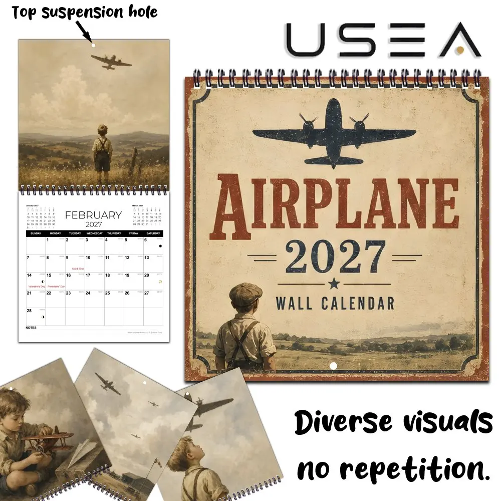 2027 Airplane Vintage Wall Calendar, 12 Month Monthly Planner, Habit Tracker,Twin Wire Spiral Binding,Christmas New Year Gift