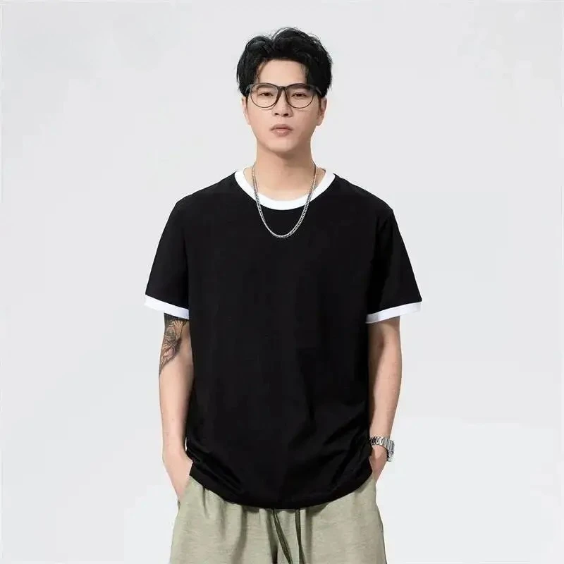 

Men's Ringer Round Collar T-Shirt Black White Trim Loose Short Sleeve T Shirt Trendy Summer Loose Pullvoer Tops