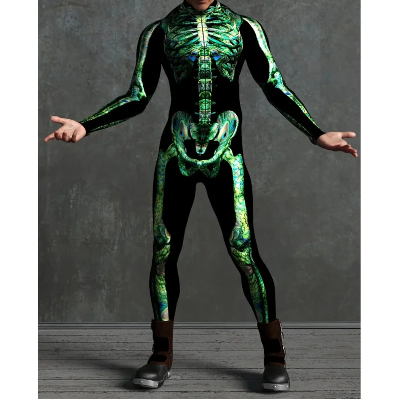 Men Women 3D Colorful Skeleton Bodysuit Cyber Punk Jumpsuit Halloween Party Carnival Cosplay Costume Performance Romper Zentai X