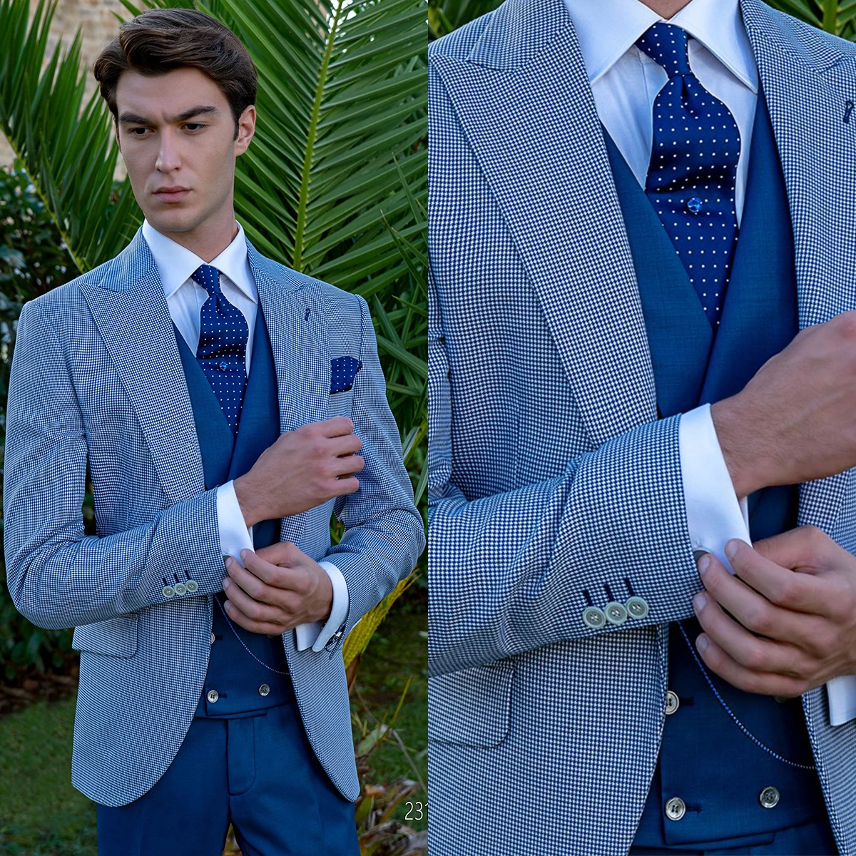 Smoking formal slim fit masculino, ternos de casamento xadrez azul, roupa de noiva lapela alta, jaqueta, calça e colete, feitos sob medida, 3 peças