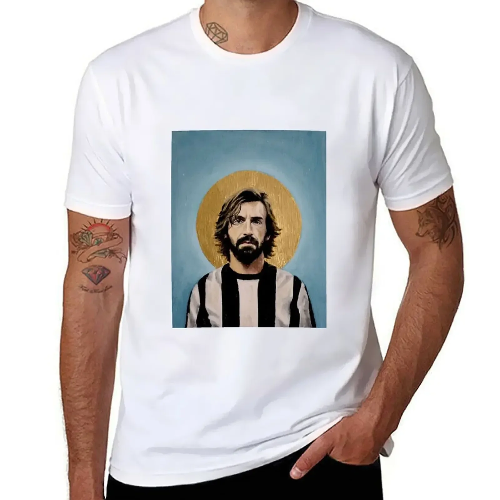 T-shirt football ART lotion Pirlo pour hommes, vêtements d'été mignons, surdimensionnés vintage, coton, poids lourd, rond, mode,