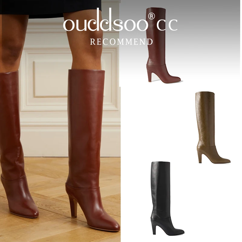

Ods Luxury Brand Retro Genuine Leather Women'S Long Boots Pointed Thick Heel Slip-On Long Boots Fashion Casual Elegant High Heel