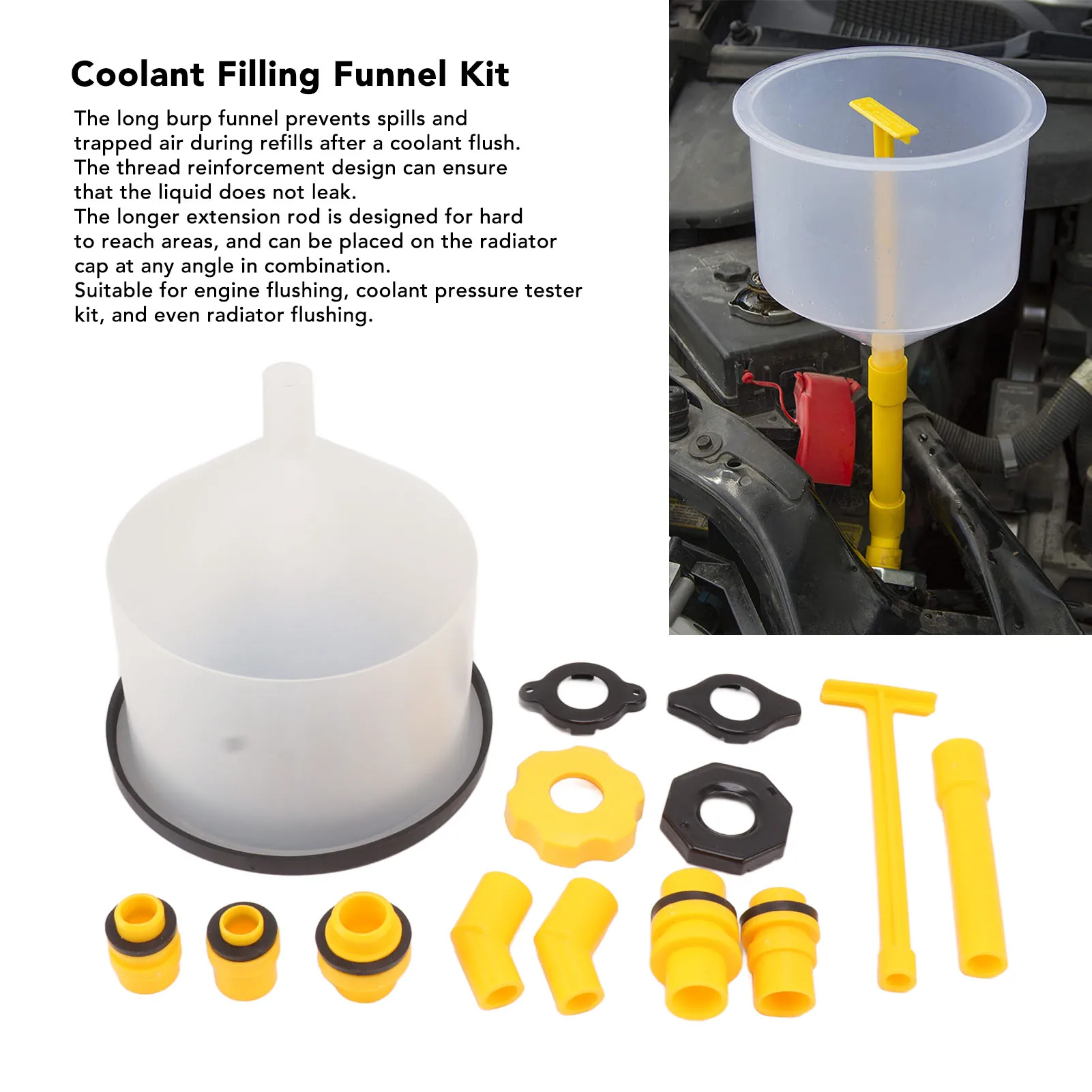 15Pcs Car Radiator Coolant Filling Funnel Kit Spill Proof Reinforced Design Universal Cooling System Fill Kit