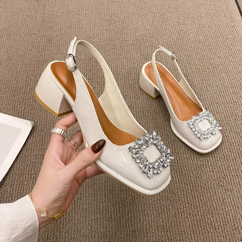 Fashion Spring Autumn Low Heel Shoes Square Toe Crystal Leather Pumps Casual Chunky Heel Romantic  Shoes Heels Women