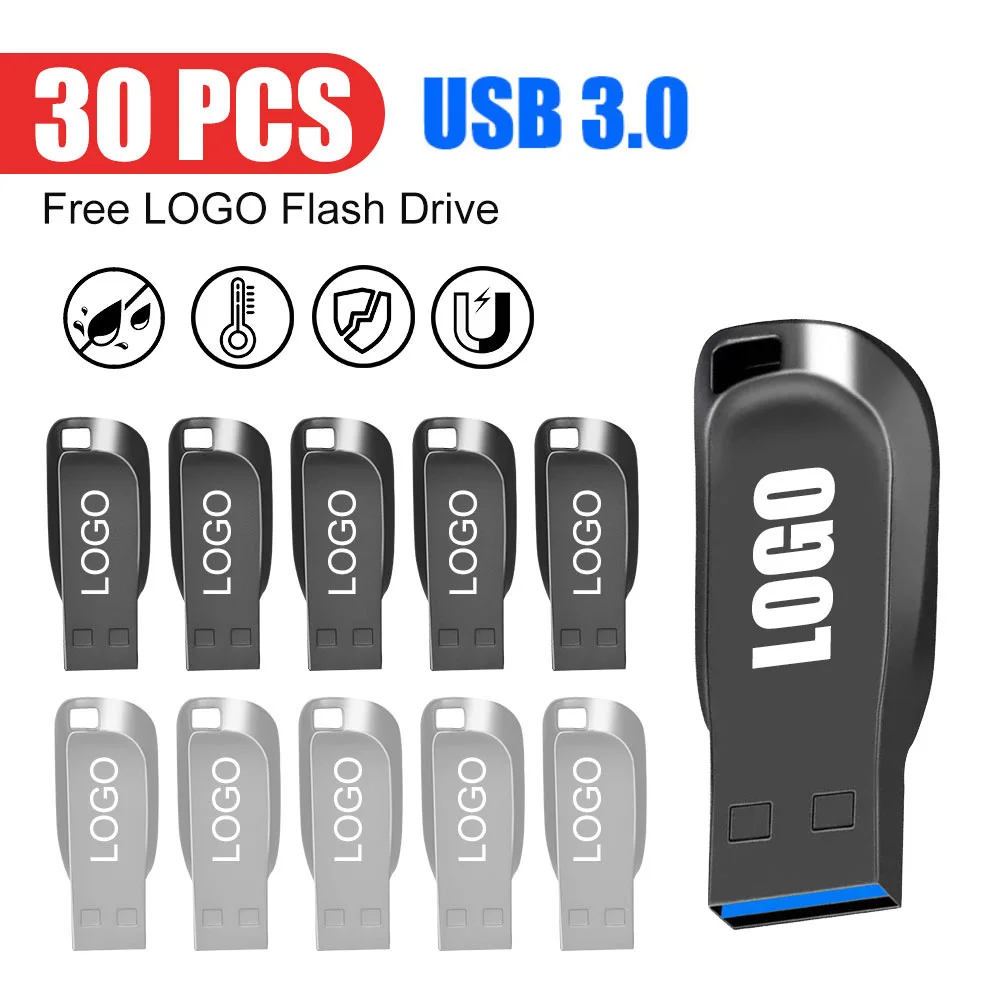 30PCS USB Флешка Metal USB 3.0 Pen Drive 8GB 16GB High Speed Pendrive 32GB Mini Flash Drive 64GB Memory Stick Free Custom Logo