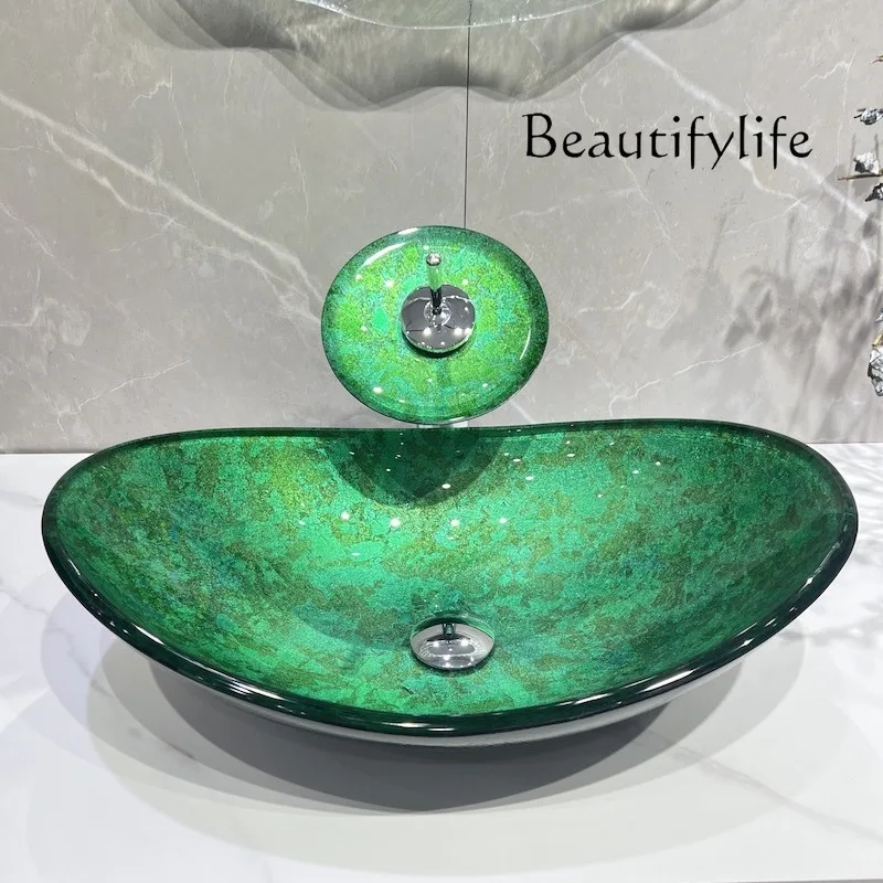 

Retro green tempered glass washbasin household table basin simple art basin creative rectangular washbasin round