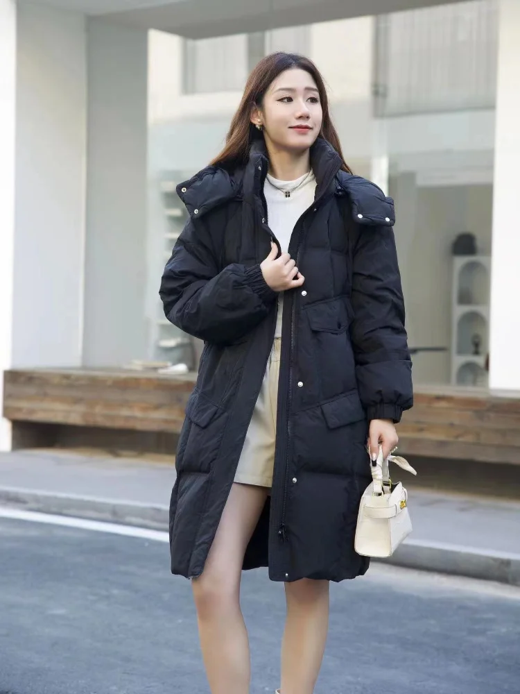 New Winter Women\'s Jackets 2024 White Duck Down Long Down Coats Fashion Hooded Knee-length Thickening Loose Casual Warm Overcoat