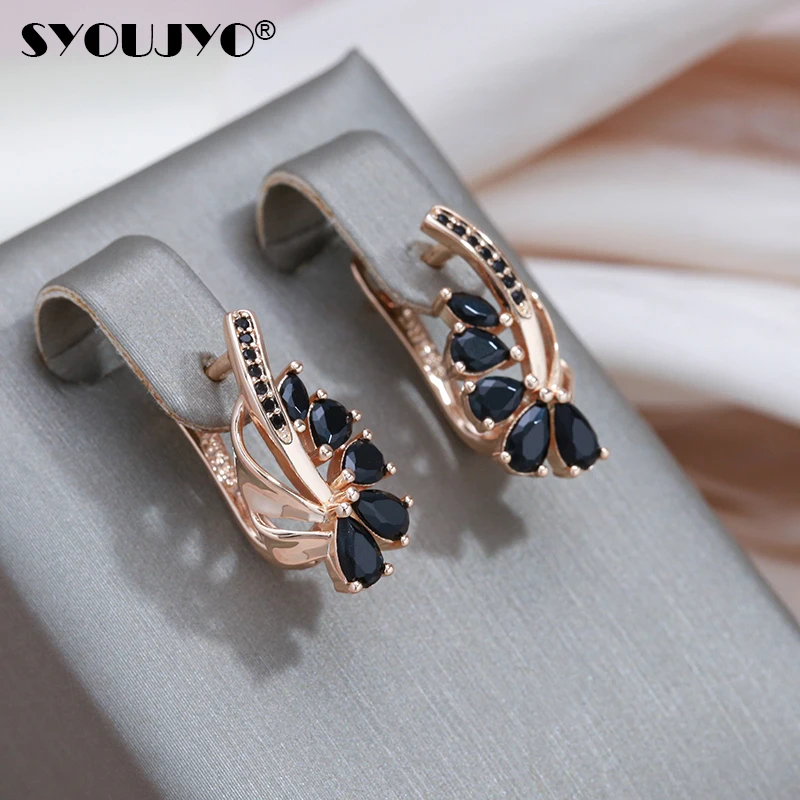 SYOUJYO Black Natural Zircon Flower Shape Earrings For Women Party Fine Jewelry Luxury 585 Rose Gold Color Fruit Drop Earrings