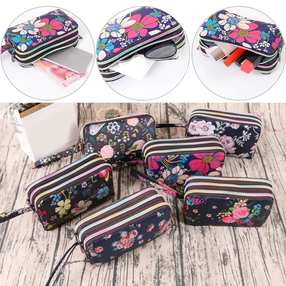 

New Fashion Waterproof Nylon Women Wallet Female Luxury Floral Printed Money Bag Key Coin Purse Three-layer Zipper Long Wallet