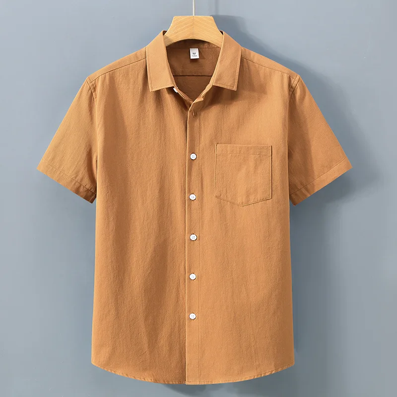 American Heavy Short-sleeved Shirt Men's Summer Solid Color Lapel Pocket Casual Pure Cotton
