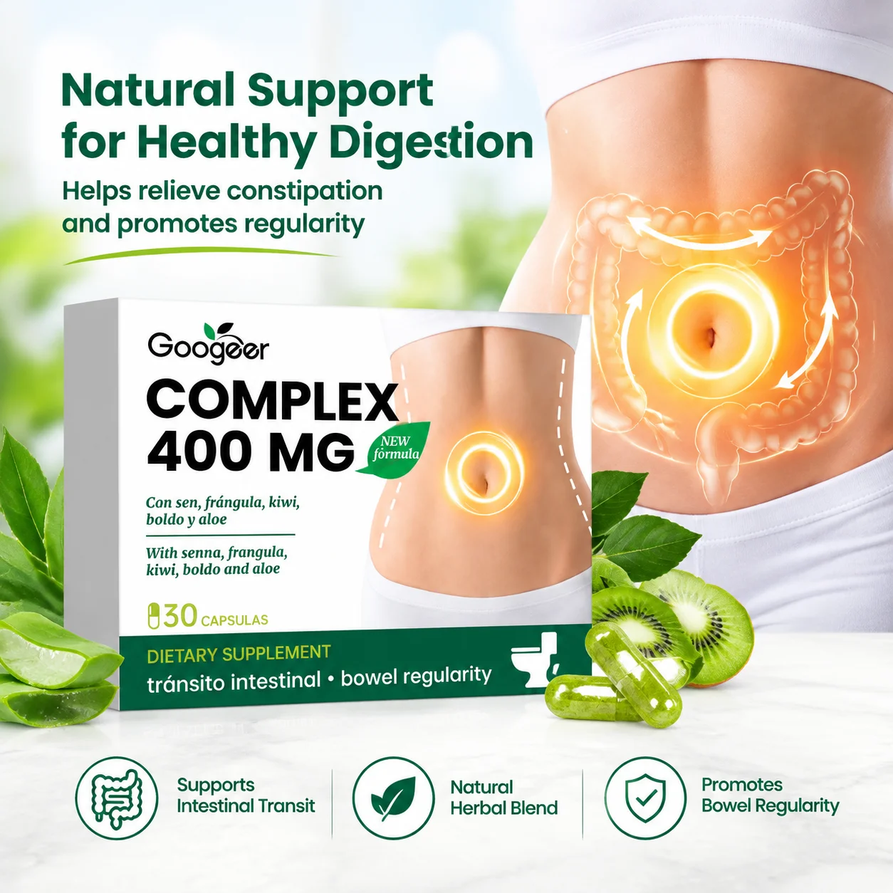 Bowel Regularity Complex for Slow Digestion & Occasional Irregularity with Senna Kiwi Frangula Boldo Aloe 400mg 30 Capsules