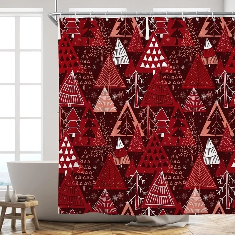 Retro Red Hand Painted Triangle Christmas Tree Snowflake Shower Curtain Bathroom Decor No Drilling with 12 Hooks