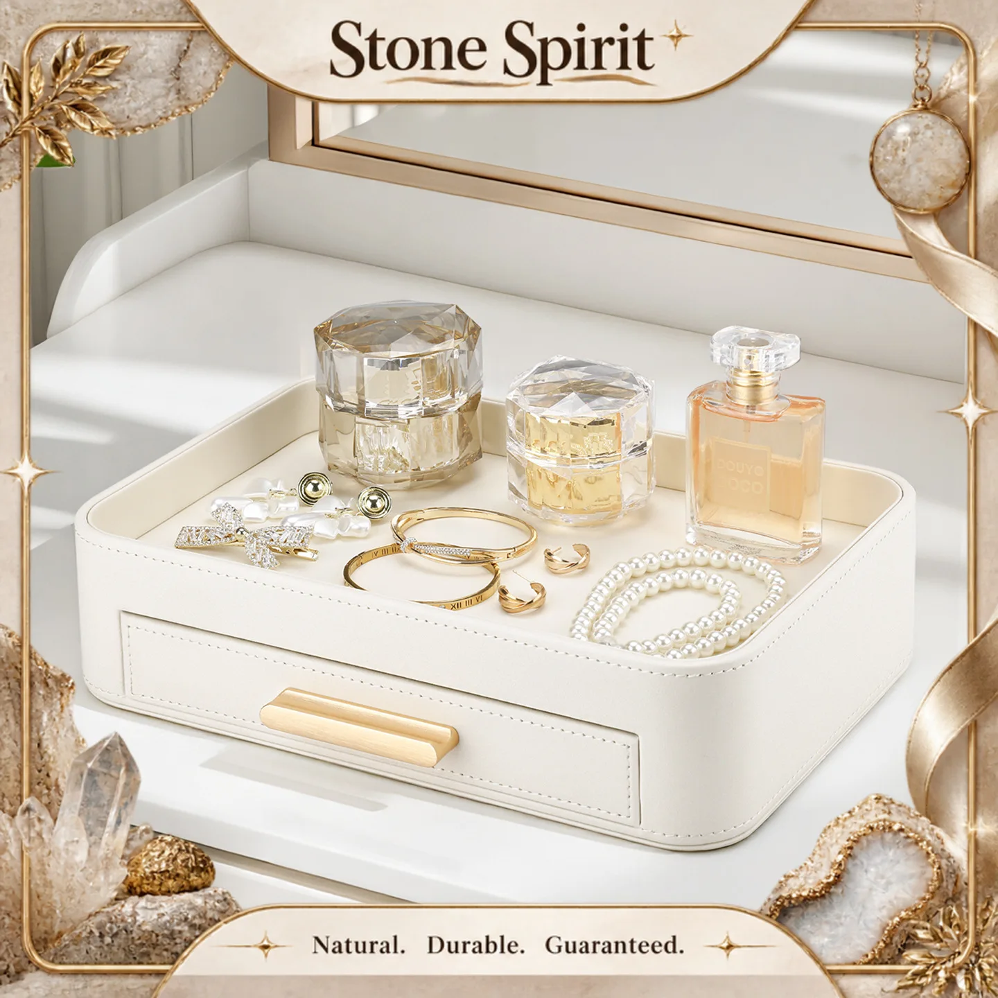 【Natural】Cream leather storage tray with drawers, decorative vanity organizing tray, desktop perfume and jewelry tray