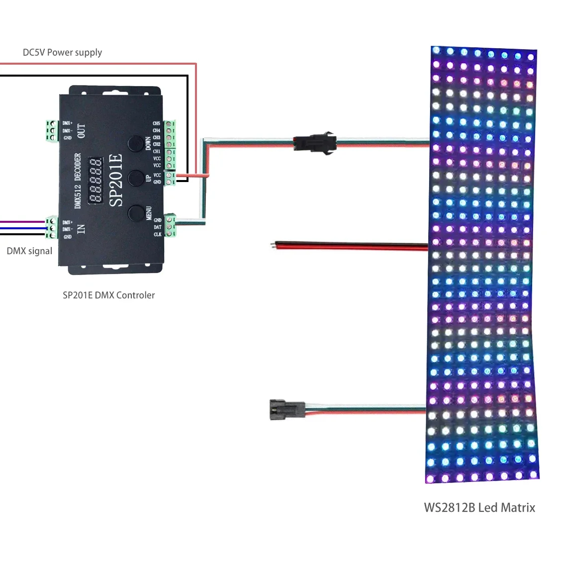 

WS2812B WS2811 DMX to SPI Led Controller Decoder and WS2812 led Matrix Panel SP201E 5 Channel DMX 512 RGB WW Decoder Controller