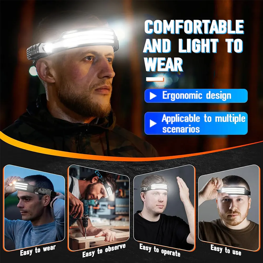 1-5pcs COB LED Headlamp Induction Head Lamp Built-in Battery Rechargeable Head Flashlight Outdoor Fishing Sensor Headlight