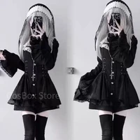 Jirai Kei Black White Bell Sleeve Lace Bow Collar Ryousan Dress Women Sweet Kawaii Dark Gothic Lolita Y2K Skirt Japanese Style 4