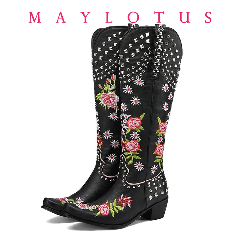 Women's Ethnic Embroidery Flower Western Cowboy Cowgirl Boots Kneehighs Boots Cowgirl High Heels Pointed Toe Vintage Style