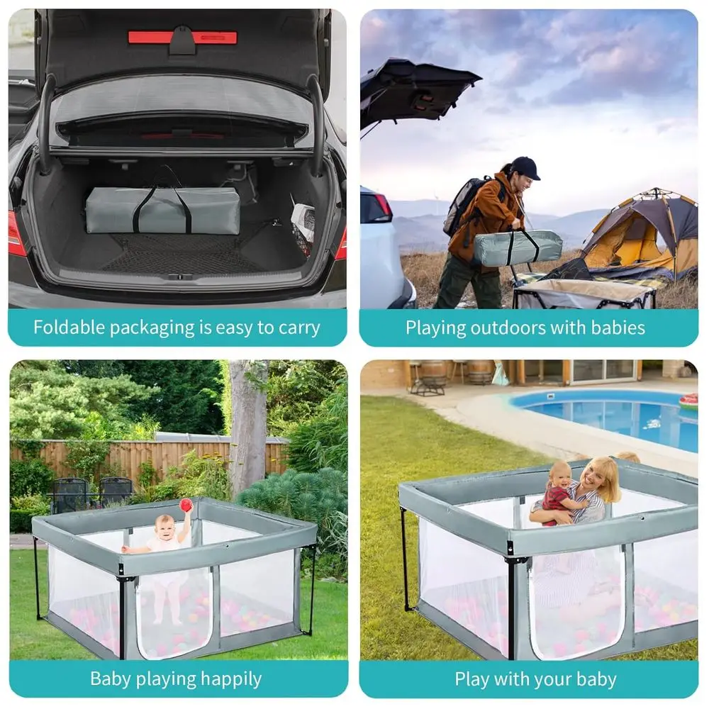 روضة أطفال قابلة للطي مع أرضية مبطنة، منطقة لعب خارجية وداخلية للأطفال (رمادي، 50 × 50 بوصة)