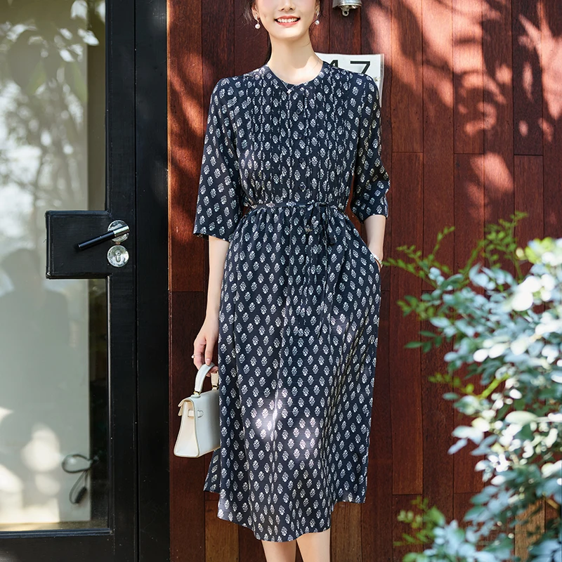 Elegant Vintage Dresses for Women Summer 2026 Luxury 100% Real Silk Women's Floral Print Dress A-line Woman Long Dress