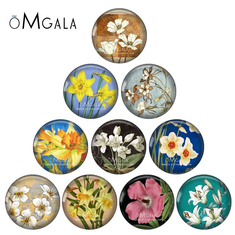10pcs/lot Vintage Floral Beautiful Flowers Art Patterns 12mm/14mm/20mm Round Glass Cabochon Dome Demo Flat Back Making Findings