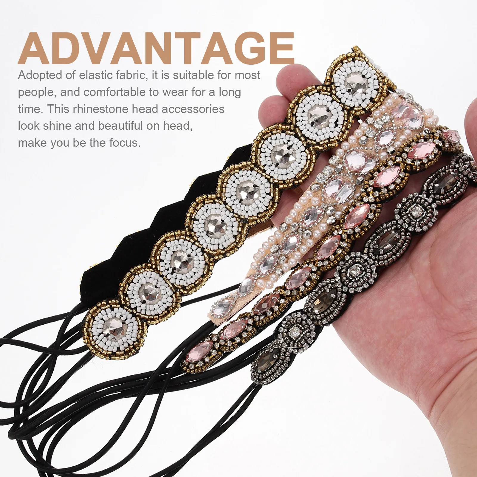 4pcs Rhinestone Elastic Headbands for Women – Shiny Beaded Hair Accessories, Elegant Thin & Medium Fit