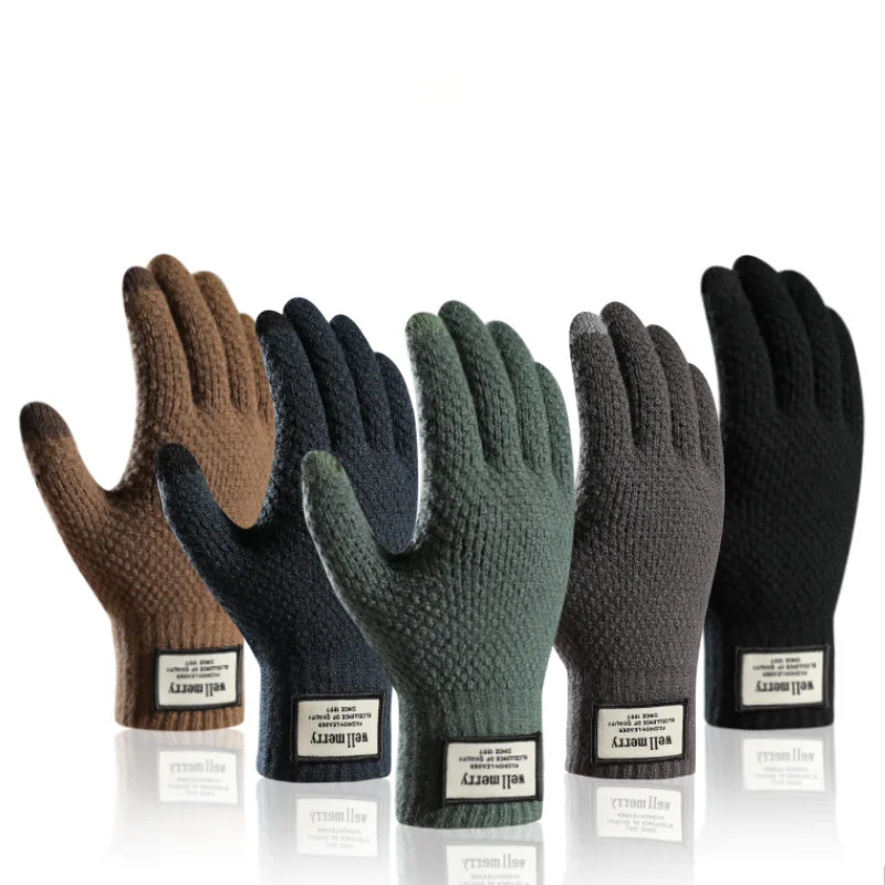 Knit Thermal Men's Gloves Plus-Size Fleece Autumn Winter Soft Thick Elastic Jacquard Wool Touch Screen Warm Gloves