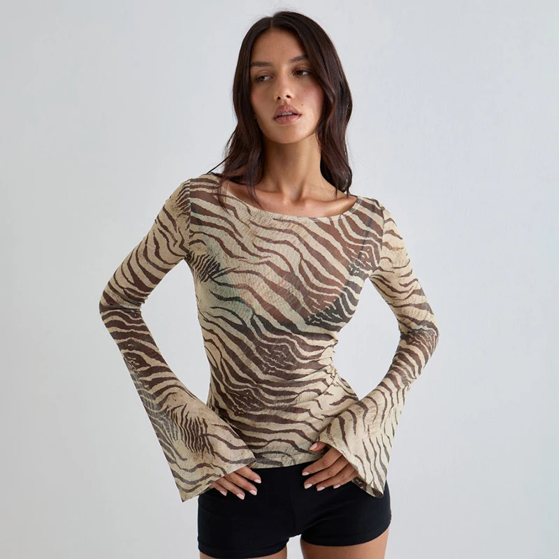 CUTENOVA Fall New Arrivals Women'S Animal Print Lightweight Sheer Loose-Fit Sexy Off-Shoulder Long-Sleeve Slim-Fit T-Shirt Top image 3