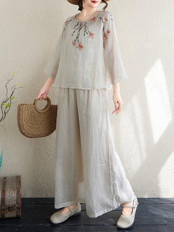 

High-End Women's Loose Cotton Linen irt Set Embroidered Summer Faion Ensemble Oversize Versatile Chinese National Sle