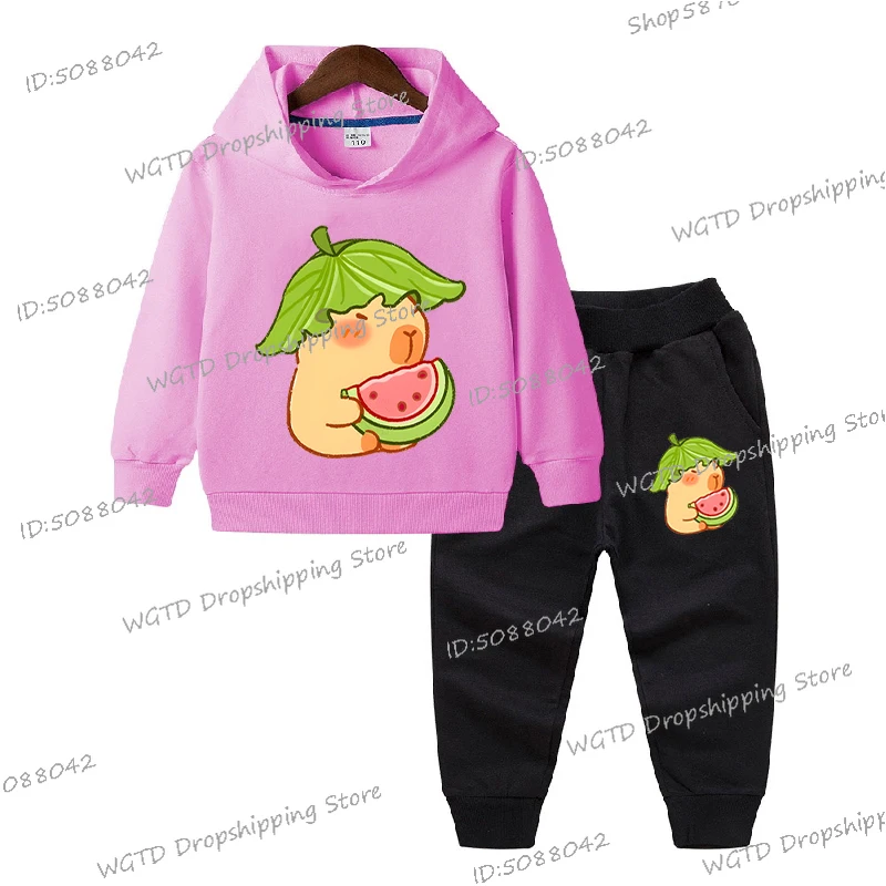 Children Baby Boys Hoodies Suit Cute Capybara Eating Watermelon Print Children Clothing Capybara Kawaii Hoodies+Trousers 2Pc Set