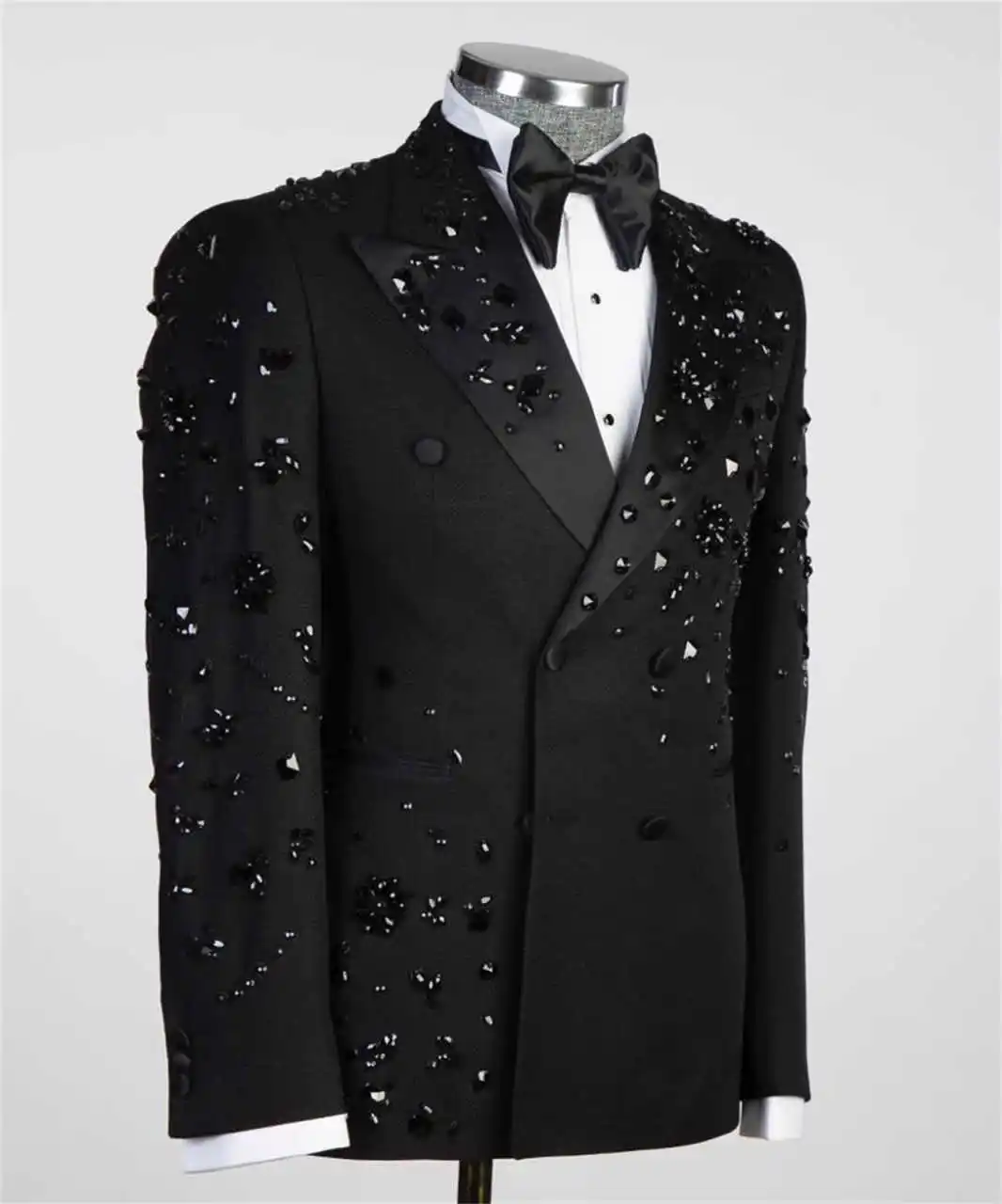 Luxury Men's Suit Coat Peaked Lapel Tuxedos Double Breasted Crystal Groom Wear Business Party Only Blazer Customized