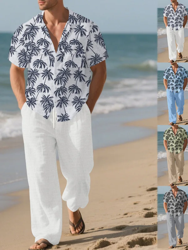 

Hawaii nut Tree Print Casual irt Loosefitting Long Pants Beachwear Cotton ort Sve Four Seasons Men's Set