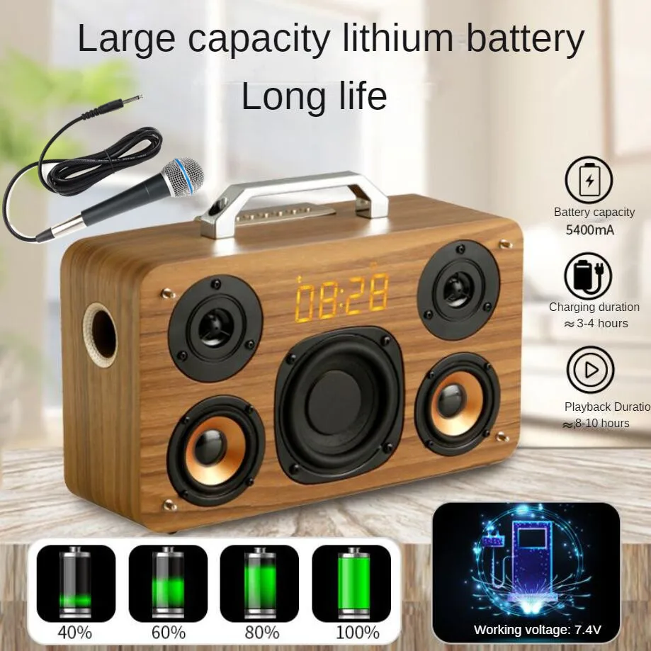 M300 Wooden Wireless Surround Sound Bluetooth Speaker 40W Deep Bass Portable Wired Microphone Karaoke Subwoofer with Alarm Clock