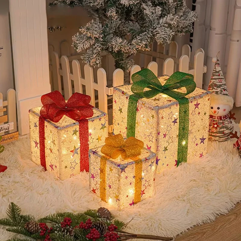 Remote-Controlled Christmas Lighted Gift Boxes, Set Of 3, Luxury Smart Present Boxes For Indoor/Outdoor Christmas Decor