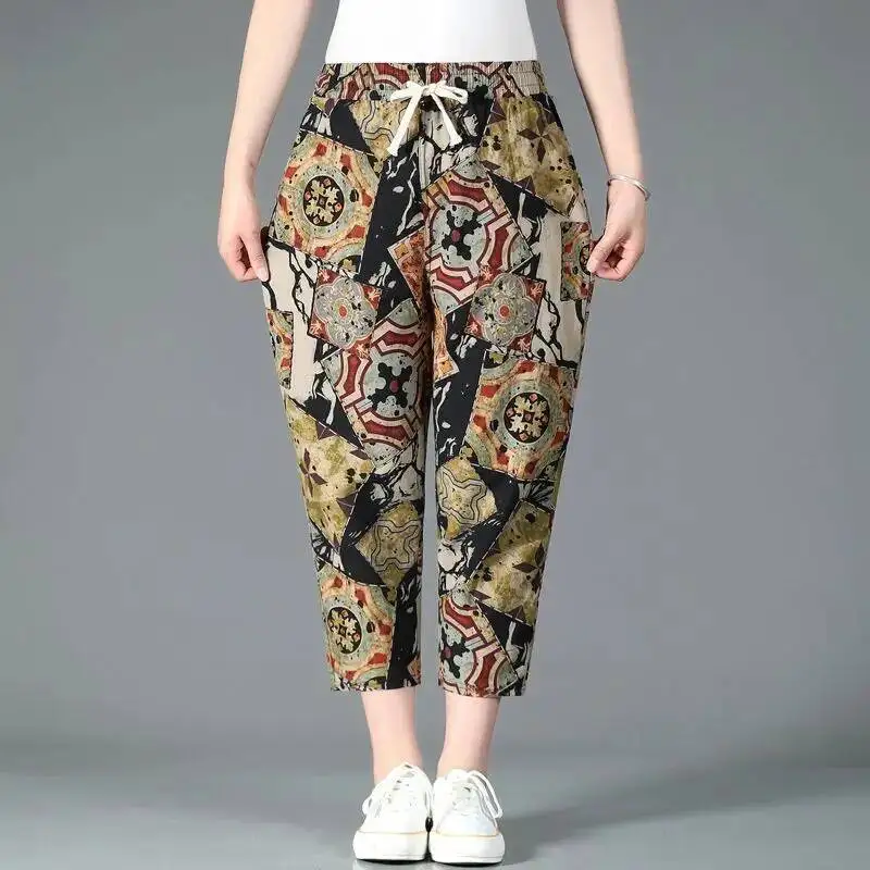 

Women's Floral Print Harem Pants 2025 Spring Summer Casual Cotton Linen Pants Streetwear Loose High Waist Trousers