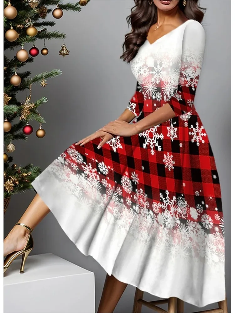 Christmas Pullover Long Skirt Fashion Printed V-neck Long-sleeved Swing Skirt Women's Loose Waist Comfortable Casual Dresses