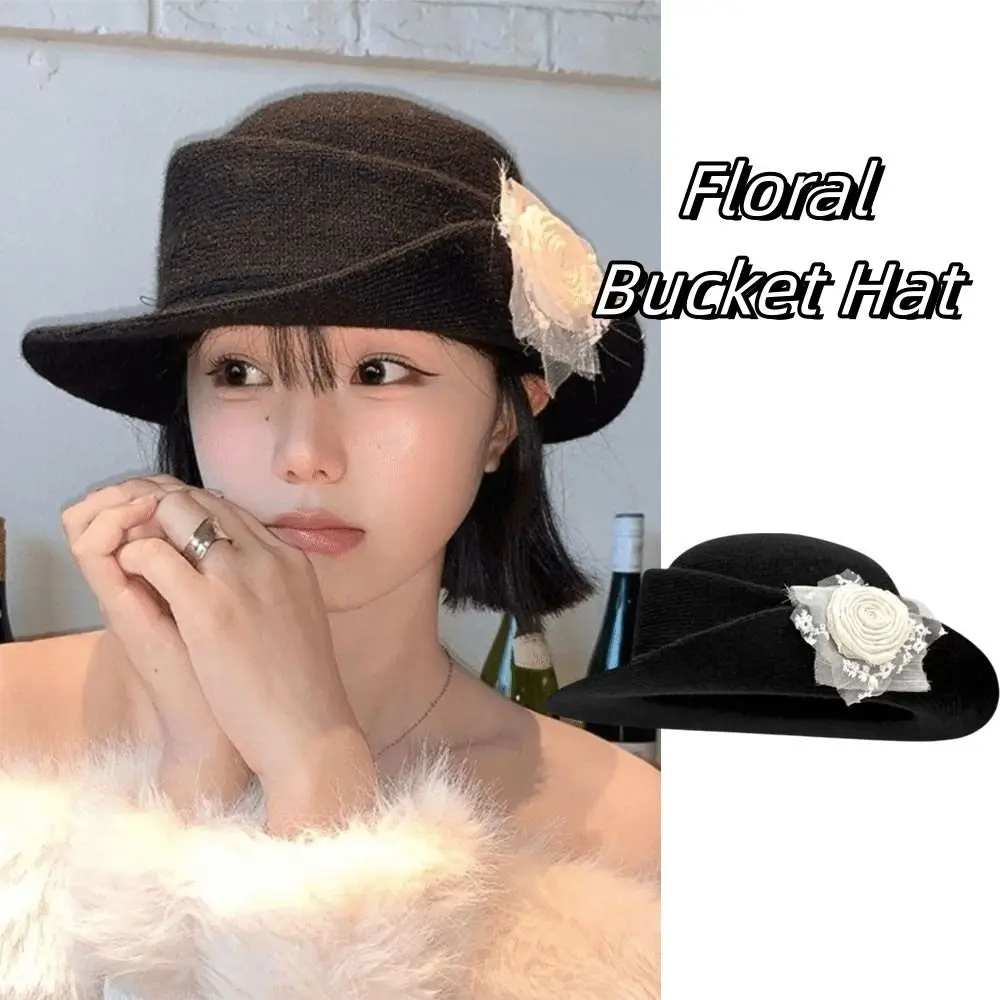 

Retro Floral Hepburn Style Topper Hat French Style Woolen Black Knitted Hat Wide Brim Oversized Women Fisherman Hat Wedding