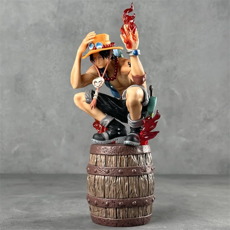 33.5cm One Piece Anime Statue Collection Decoration Flame Portgaz D. Ace Barrel Crouching Posture Pvc Model Toys Gift For Boys