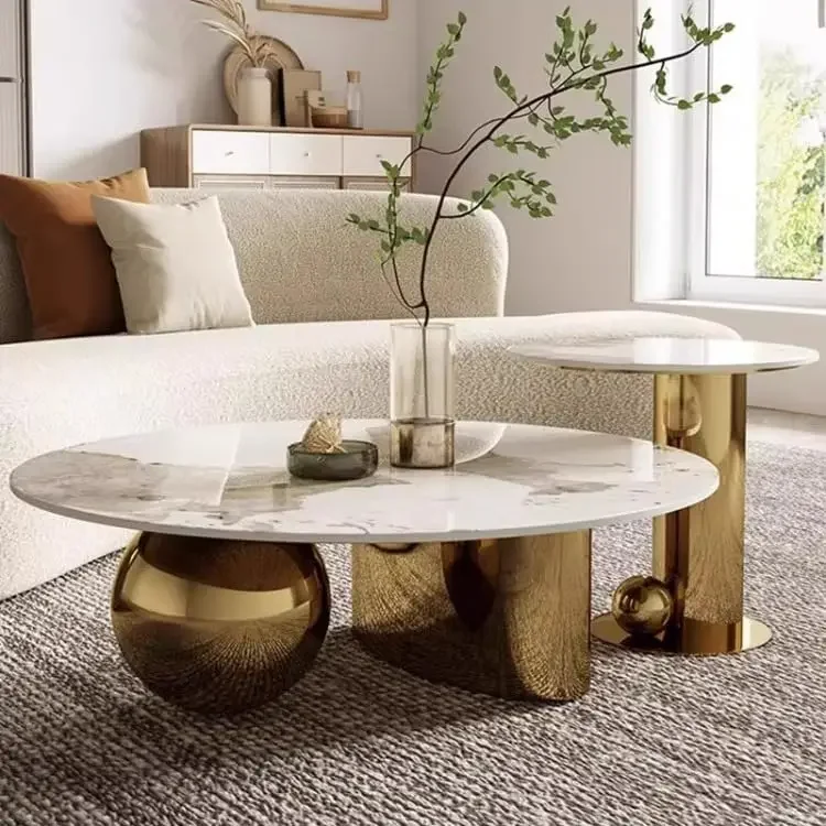 Practical Functional Sleek Polished Coffee Table Nesting Premium Metal Round Spacious Coffee Table Couchtisch Wood Furniture
