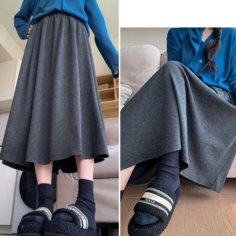 ربيع الخريف المرأة تنورة طويلة الكورية أنيقة الورك تغطي لينة محبوك التنانير امرأة مرونة الخصر الصلبة مطوي ميدي تنورة