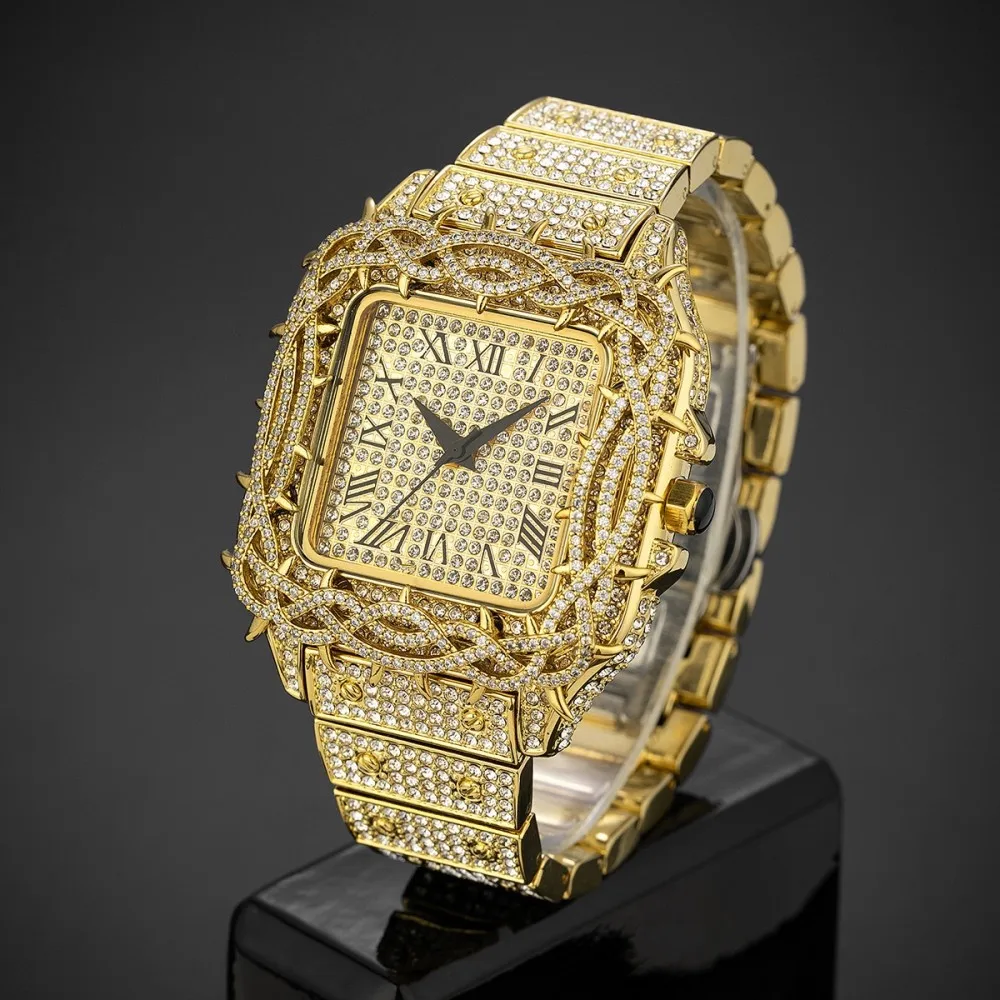 Luxury Full Diamond Men's Quartz Watch Thorn Bracelet Hip Hop Style Date Display with Blingbling Function Men Business Wristwatc