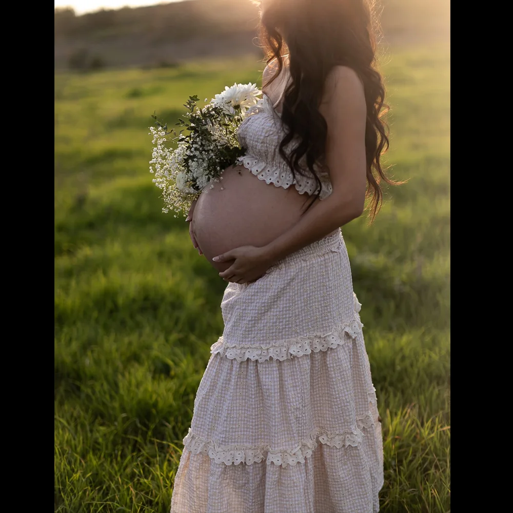 Umstandskleider für Babypartys, besticktes, kariertes, trägerloses, zweiteiliges Spitzenkleid, Schwangerschaftsfotografie-Outfit