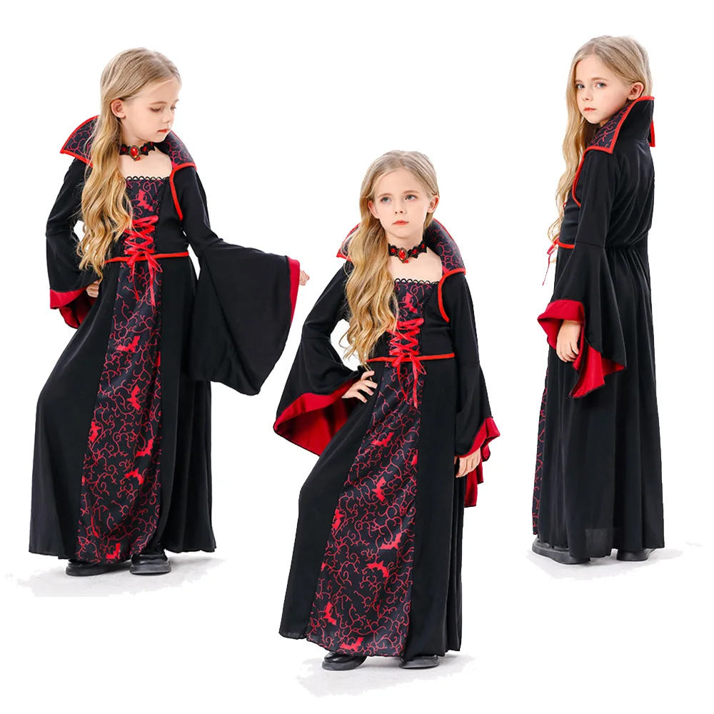 Kids Girls Medival Retro Vampire Cosplay Dress Stage Performanece Costume Daily Clothing Outfits Halloween Carnival Party Suit