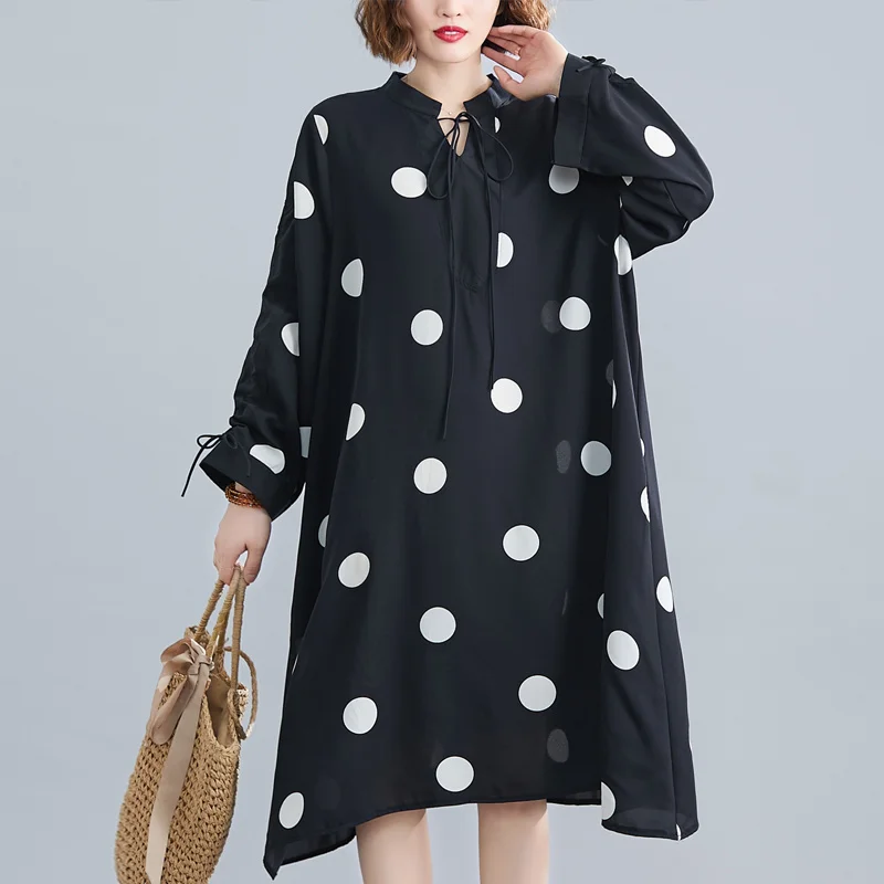 #3346 Summer Black Long Chiffon Dress Women Pile Up Sleeves Dots Printed Dress Ladies Loose Stand Collar A Line Dress Female