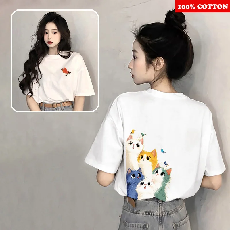 White Pure cotton Short sleeved T-shirt Women Summer 2025 New 100% Cotton Korean Flower Print Loose Tee Y2k Tops Female clothing